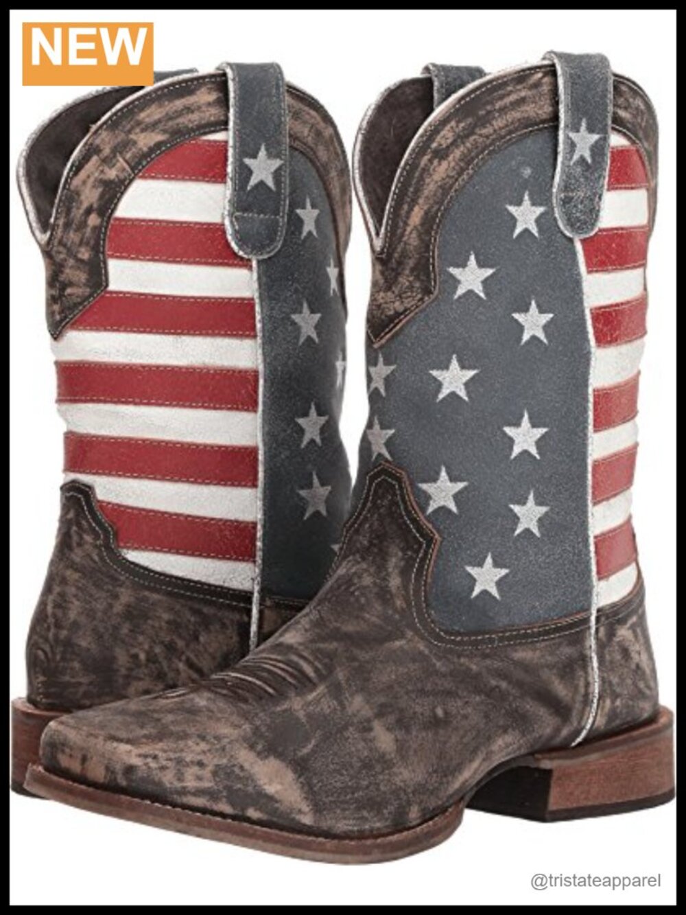 Distressed Leather Square Toe Western Cowboy Boots Pull On